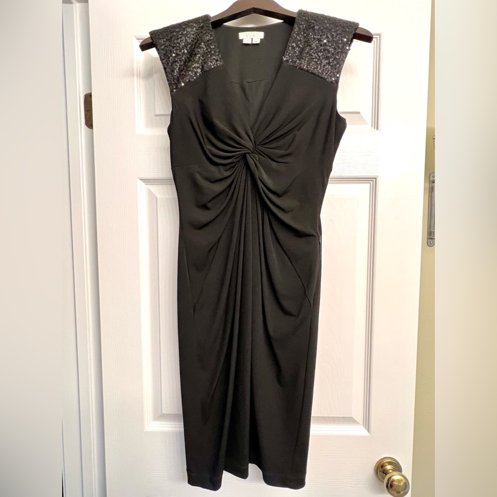 Black Sequin Shoulder V-neck Twisted Knot Cocktail Dress Petite 6P / Maternity